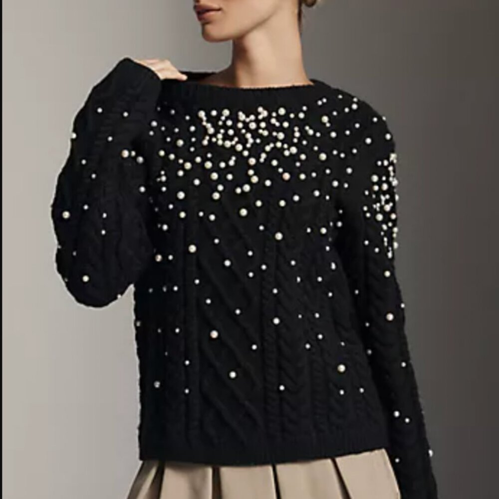 ANTHROPOLOGIE English Factory black cable knitted beaded long sleeve sweater XS